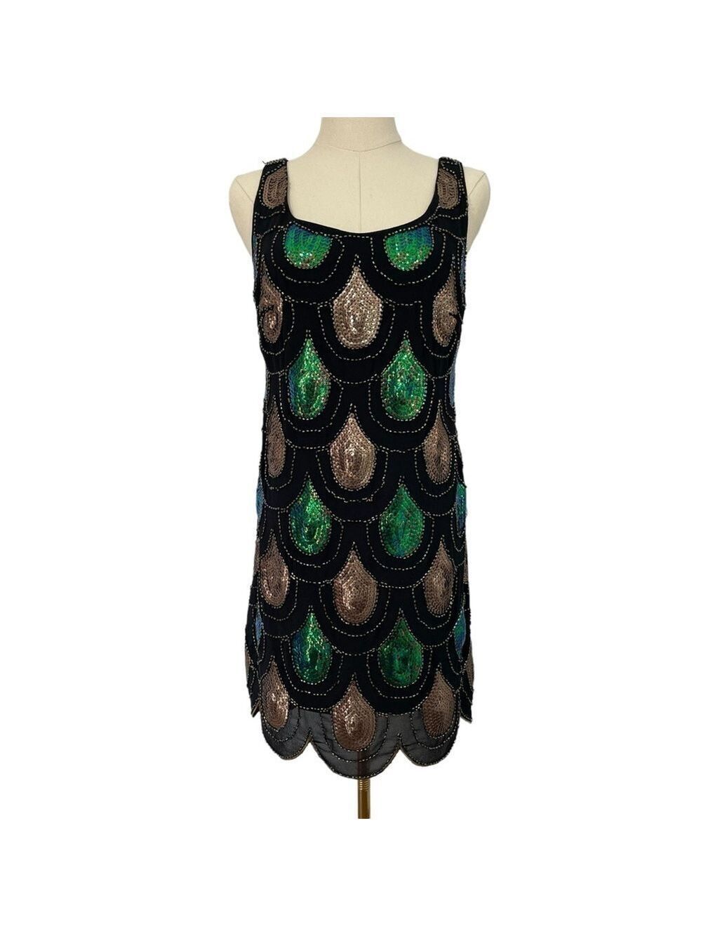 Papillon Sequin Cocktail Dress Sz S Black Green Peacock LBD Party Event Sexy GUC